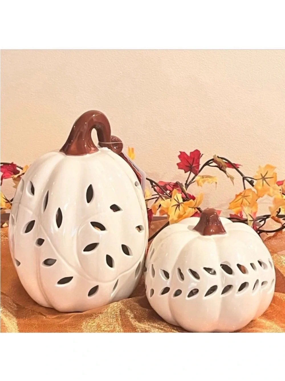 🆕- Set of 2- Ceramic Light-Up Pumpkins with Cut-Out Design.